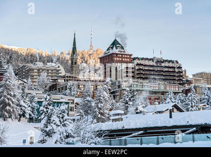 View at Badrutts Palace Hotel in the village center of St.Moritz, Grisons, Switzerland Stock Photo