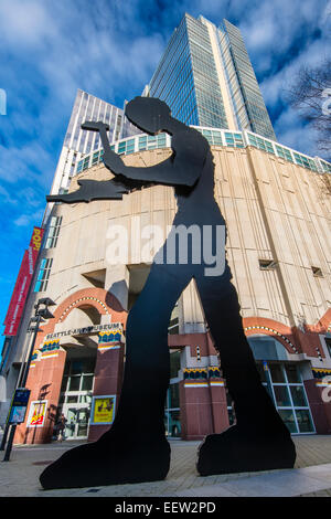 The Hammering Man is a sculpture designed by Jonathan Borofsk and is located in front of the Seattle Art Museum, Seattle, USA Stock Photo