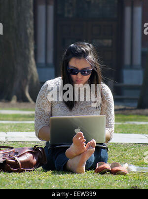 New Haven CT USA-- Yale sophomore Katherine McComic works on her homework on the grass in Old Campus as Monday's temps rose well into the 60's. McComic is from San Diego, CA. Stock Photo