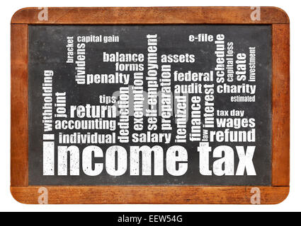 income tax word cloud on a vintage slate blackboard Stock Photo