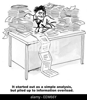 Cartoon showing man with lots of papers, it started out as a simple analysis, but piled up to information overload. Stock Photo