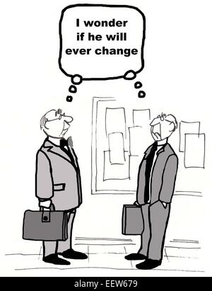 Cartoon of two businessmen both wondering if the other one will ever change. Stock Photo
