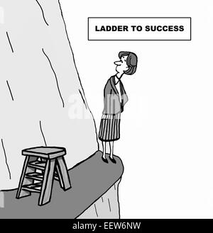 Cartoon of businesswoman on cliff ledge with sign: change was not ...