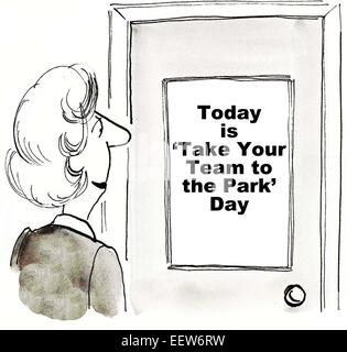 Cartoon showing businesswoman looking at her office door with sign saying 'take your team to the park day' Stock Photo