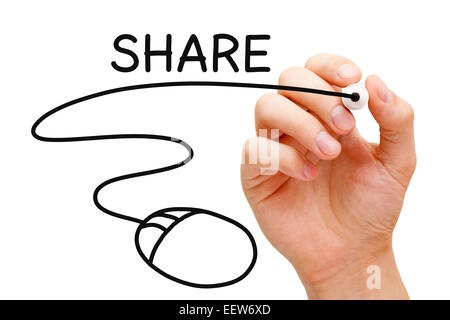 Hand drawing sharing concept with black marker on transparent wipe board isolated on white. Stock Photo