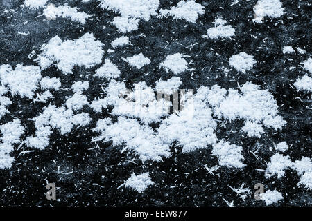 Intricate frost flowers growing in extremely cold air atop a layer of stream ice in Mecosta County, Michigan, USA Stock Photo