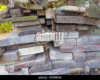Heap of old wood plank board Stock Photo