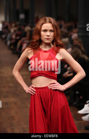 Fashion Week Autum/Winter 2015 in Berlin-Kreuzberg. A model presents collection of Marcel Ostertag © Simone Kuhlmey/Pacific Press/Alamy Live News Stock Photo