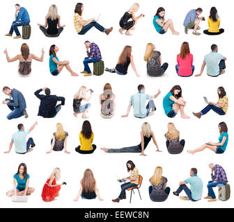 Collection back view of sitting people.  .  backside view of person.  Rear view people set. Isolated over white background. Stock Photo