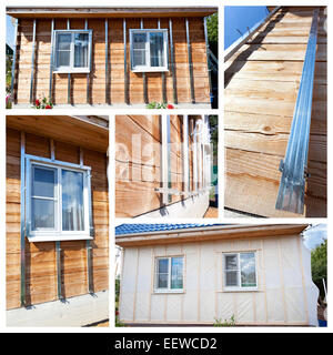 Collage with process of external wall insulation in wooden house ...