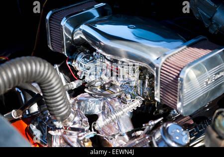 V8 American Chrome High Performance Custom Car Engine with Edelbrock Manifold Stock Photo