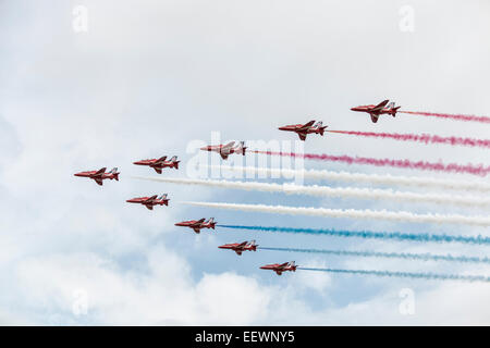 The British Royal Air Force Red Arrows Military Aerobatic Display Team in Big Battle Formation make their entrance at the RIAT Stock Photo