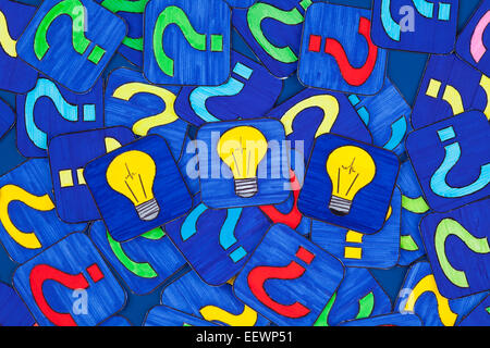 Three yellow light bulbs and a lot of question marks on blue background. Pictures drawn by me. Stock Photo