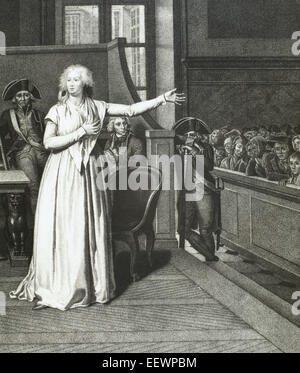 Marie Antoinette (1755-1793), wife of Louis XVI and Queen of France, before the court. Engraving. Stock Photo