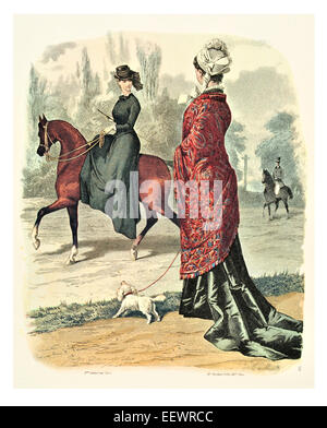 La Mode Illustree Victorian era period costume fashion dress gown gowns skirt veil cuff frills muslin cap riding equine Stock Photo