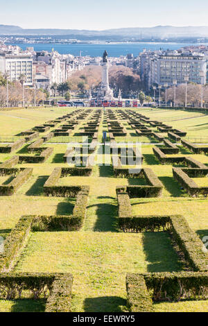 Parque Eduardo VII park looking towards the Praga Marques de Pombal monument, Lisbon Portugal. Stock Photo