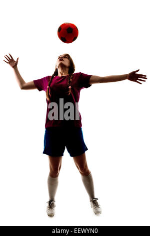 silhouette of girl playing football on the white Stock Photo