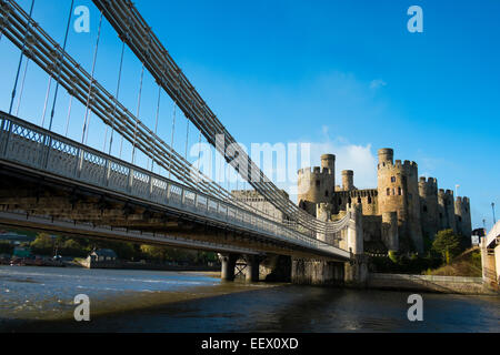 Medieval Conwy Castle and suspension bridge in Conway, North Wales, UK Stock Photo