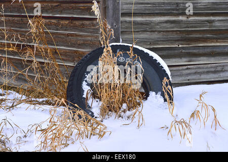 An image of a worn out rubber tire discarded by the corner of a wooden shed with snow and grass Stock Photo