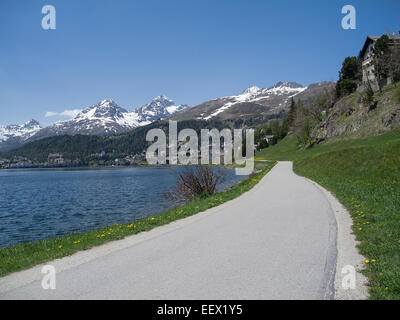 lakeside path follows the lake round to St. Moritz in Switzerland Stock Photo