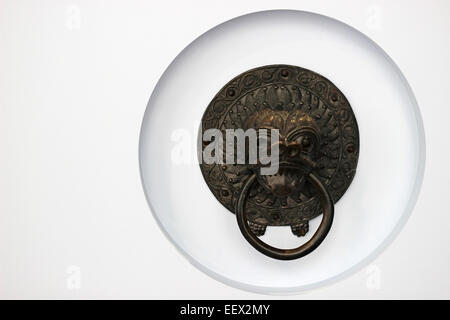 Fragment of a door with a forged handle in the form of a dragon's head Stock Photo