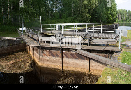 Old-fashioned wooden sluice gates at the old canal , Konnuksen kanava , Finland Stock Photo