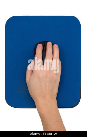 Hand on a black computer mouse on a blue mouse pad, viewed from above, isolated on white background. Stock Photo