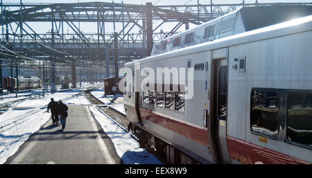 New Haven CT USA The 2:46pm Metro North train bound for Grand Central arrives on time at Union Station. Stock Photo