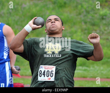 Notre Dame's Damon Taylor got a personal best with this shot-put (49'6') at the State Open Track and Field Championship at Middletown High School.  CT USA Stock Photo