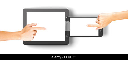 Hands clicking generic 3d rendered tablet and smartphone with copyspace Stock Photo
