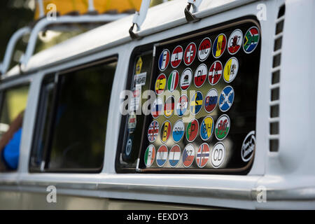 Country flag travel stickers on the window of a VW campervan. UK Stock Photo