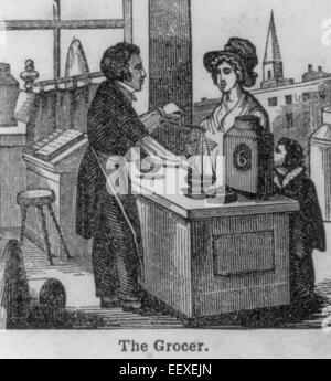 The Grocer - Interior view with small city view outdoor; grocer helping customer, circa 1847 Stock Photo