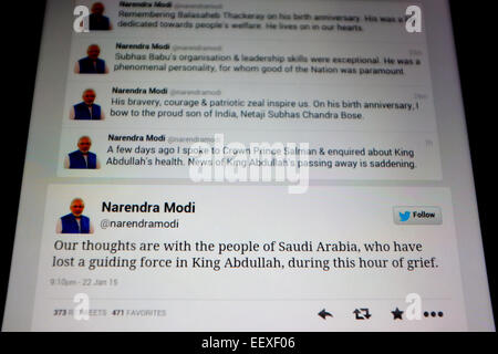A tablet screen shows tweets from Narendra modi the Prime Minister of India following the announcement of the death of the King of Saudi Arabia Abdullah ibn Abdilazīz. He was was the King of Saudi Arabia from 2005 to 2015 and maintained a close relationship with the USA. © Jonny White/Alamy Live News Stock Photo