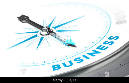 Compass with needle pointing the word business, white and blue tones. Background image for illustration of solutions concept