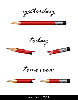 Red pencil with words tomorrow, today and yesterday. Conceptual illustration, metaphor for solution, strategy, challenge,progres Stock Photo