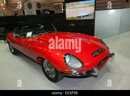 A classic vintage 1966 E-Type Jaguar on display at the London Classic Car Show Stock Photo