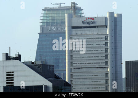 Singapore. 21st Jan, 2015. Singtel's revamped logo is displayed on top of their building in Singapore on Jan. 23, 2015. Singtel unveiled a new company logo on Jan. 21, 2015. © Then Chih Wey/Xinhua/Alamy Live News Stock Photo