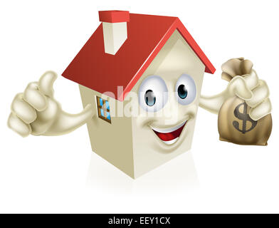 An illustration of a cartoon house character holding a sack of money and giving a thumbs up Stock Photo