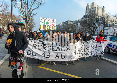 Paris, France French High Scho-ol Students March from Bordeaux in Support of Charlie Hebdo Shooting Attack, Teens Holding Banners, Student Protest, demonstration teen, France Protests Stock Photo