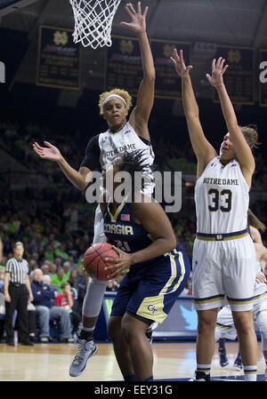 South Bend, Indiana, USA. 22nd Jan, 2015. Georgia Tech forward Zaire O'Neil (21) goes up for a shot as Notre Dame players Brianna Turner (11) and Kathryn Westbeld (33) defend during NCAA Basketball game action between the Notre Dame Fighting Irish and the Georgia Tech Yellow Jackets at Purcell Pavilion at the Joyce Center in South Bend, Indiana. Notre Dame defeated Georgia Tech 89-76. © csm/Alamy Live News Stock Photo