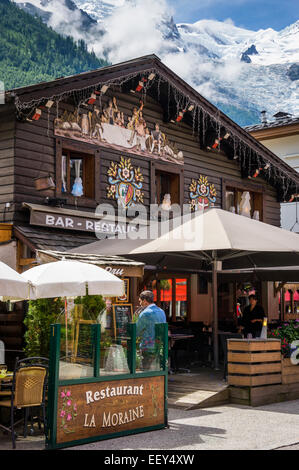 Bar restaurant in Chamonix, French Alps, France - with Mont Blanc behind in summer Stock Photo