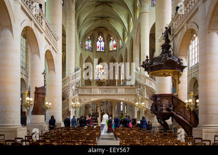 Wedding ceremony inside Eglise Saint Etienne du-Mont, Latin Quarter, Paris France Stock Photo