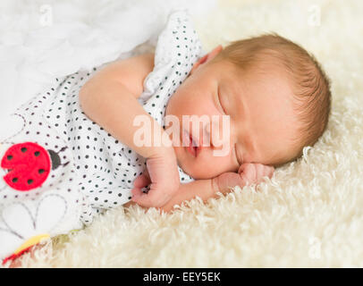 Newborn baby girl asleep on blanket Stock Photo