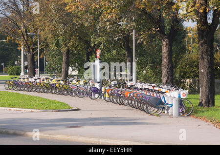 Row of rental bikes or bicycles called C5 or Citybike on streets of Vienna, Austria Stock Photo