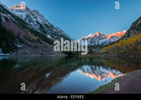 Maroon Bells Sunrise with fall colors Stock Photo