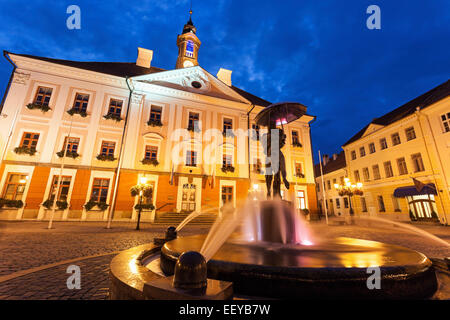 Estonia, Tartu, Kissing Students Fountain against illuminated building Stock Photo