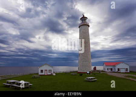 Canada, Quebec, Forillon National Park, St. Lawrence River, Cap des Rosiers, Lighthouse in green camping ground against clouded sky Stock Photo
