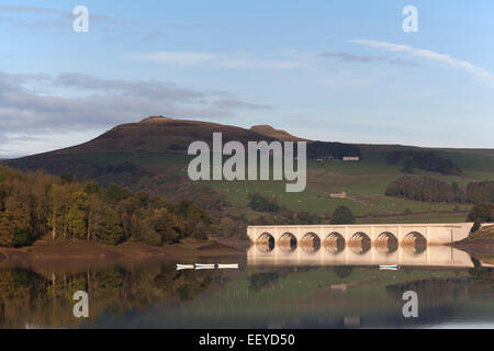 UK, Derbyshire, Upper Derwent Valley, Lady Bower reservoir and  bridge. Stock Photo