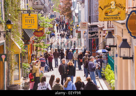 QUEBEC CITY, QUEBEC, CANADA - Tourism on Petit Champlain Street, in Old Quebec City. People walk along street shopping Stock Photo