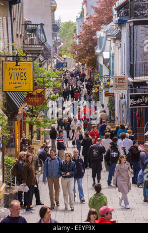 QUEBEC CITY, QUEBEC, CANADA - Tourism on Petit Champlain Street, in Old Quebec City. People walk along narrow street shopping Stock Photo